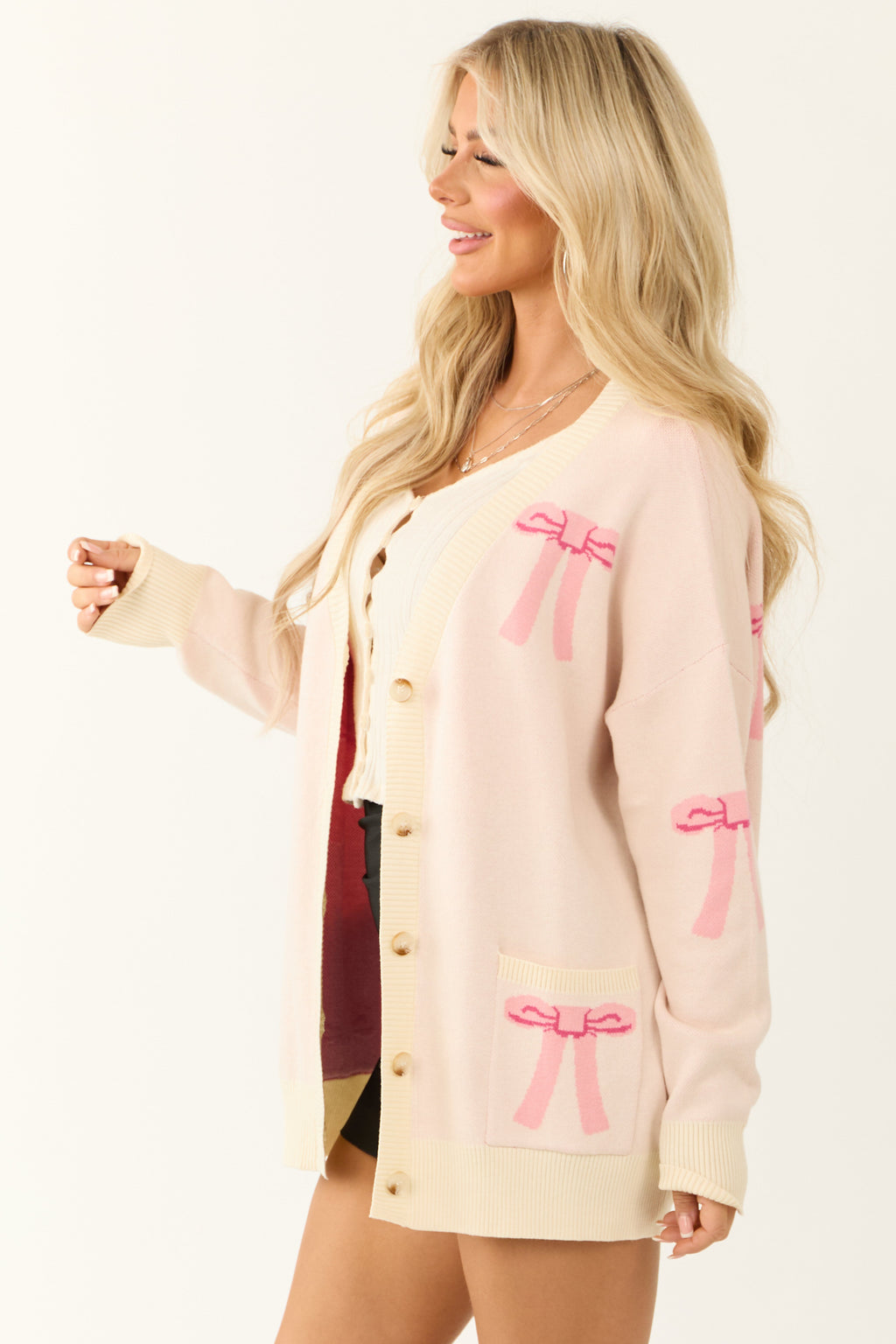 Blush Bow Print Oversized Knit Cardigan