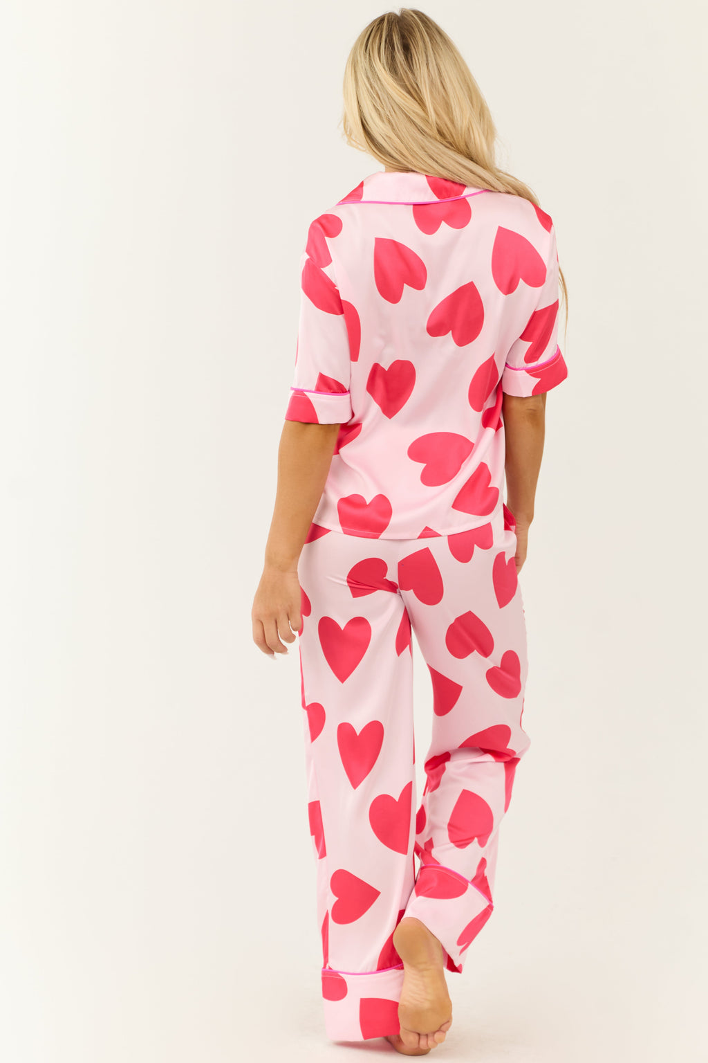 Blush and Crimson Heart Pattern Pajama Set