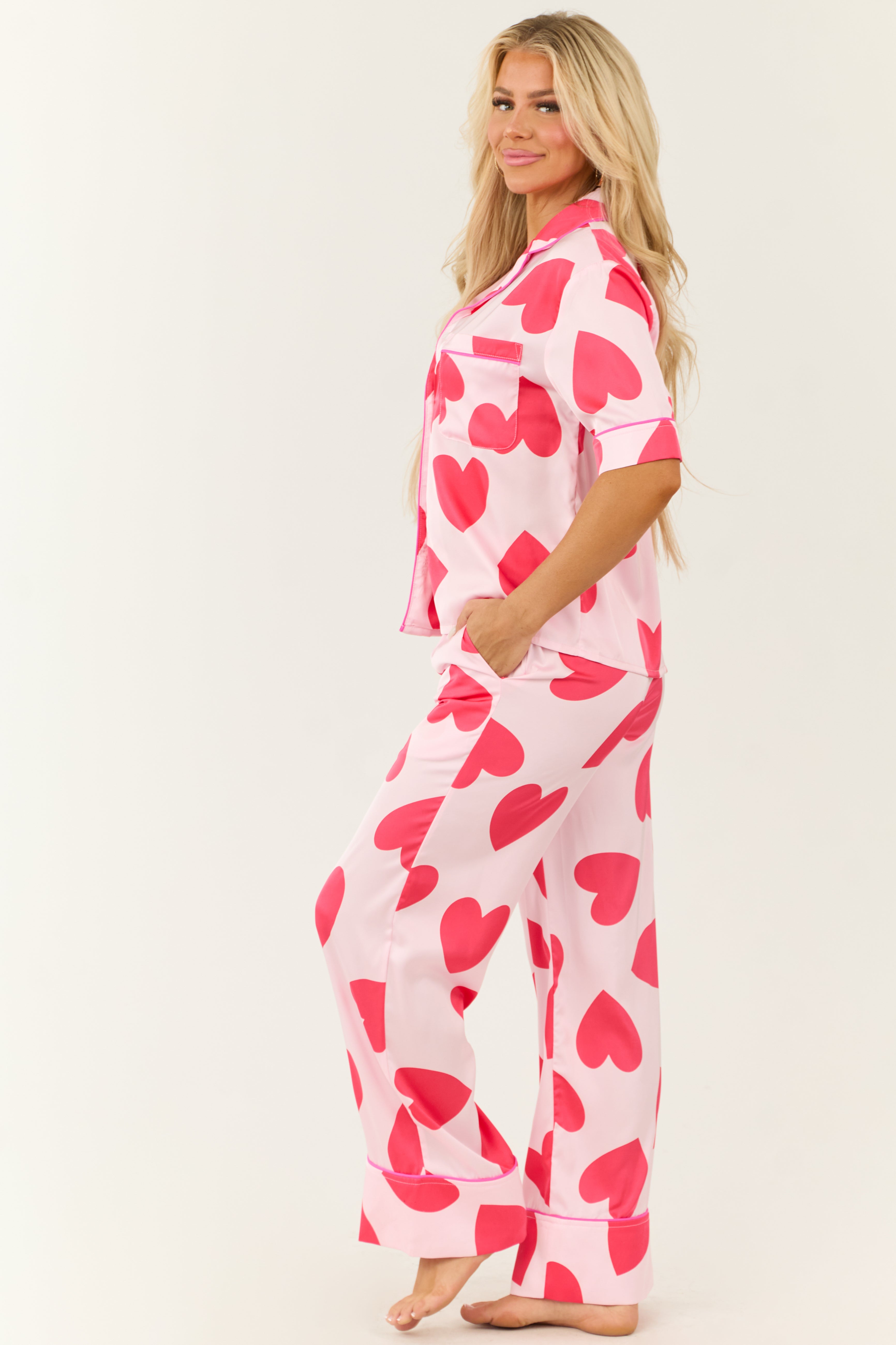 Blush and Crimson Heart Pattern Pajama Set